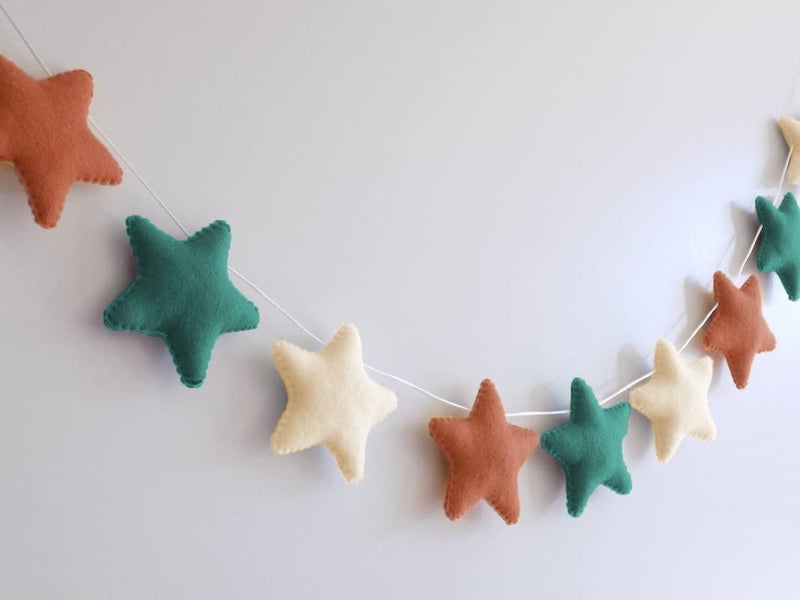 Velvet Fabric Star Bunting for Kids Room (Pack of 1, 12 Stars, Brown Green Off White) Nursery Decoration, Christmas Decoration, Star Bunting