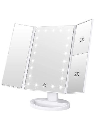 Trifold Lighted Makeup Mirror with 72 LEDs, 3 Color Modes, 1x/2x/3x Magnification, Touch Control, 90° Adjustable, Portable Vanity Mirror with Removable Storage Base (White) - pzsku/Z14EC6194727A567211C3Z/45/_/1733331985/222baf60-da43-4f95-817b-6459dca5847f