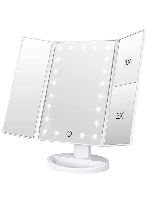 Trifold Lighted Makeup Mirror with 72 LEDs, 3 Color Modes, 1x/2x/3x Magnification, Touch Control, 90° Adjustable, Portable Vanity Mirror with Removable Storage Base (White)