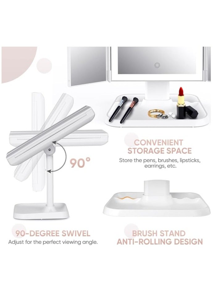Trifold Lighted Makeup Mirror with 72 LEDs, 3 Color Modes, 1x/2x/3x Magnification, Touch Control, 90° Adjustable, Portable Vanity Mirror with Removable Storage Base (White)