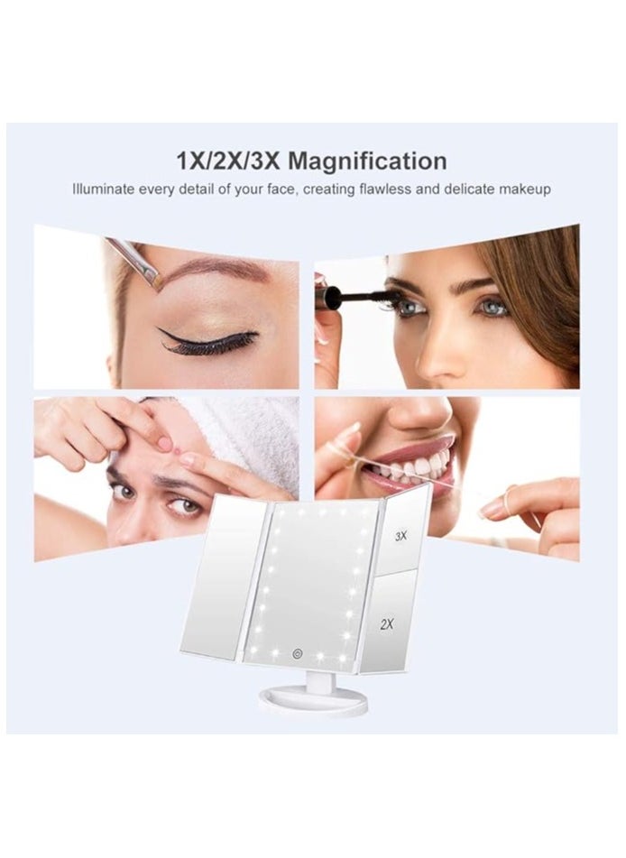 Trifold Lighted Makeup Mirror with 72 LEDs, 3 Color Modes, 1x/2x/3x Magnification, Touch Control, 90° Adjustable, Portable Vanity Mirror with Removable Storage Base (White)