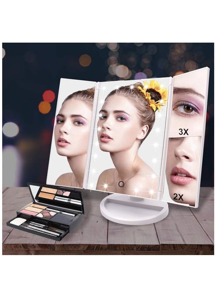 Trifold Lighted Makeup Mirror with 72 LEDs, 3 Color Modes, 1x/2x/3x Magnification, Touch Control, 90° Adjustable, Portable Vanity Mirror with Removable Storage Base (White)