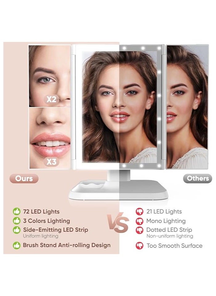 Trifold Lighted Makeup Mirror with 72 LEDs, 3 Color Modes, 1x/2x/3x Magnification, Touch Control, 90° Adjustable, Portable Vanity Mirror with Removable Storage Base (White)
