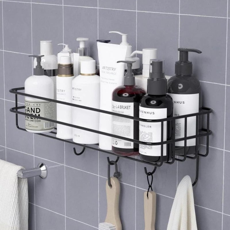 M2 ENTERPRISE Steel Self-Adhesive Multipurpose Bathroom Shelf for Wall with Hooks/Towel Holder/Rack/Bathroom Organiser Accessories-Wall Mount - Pack of 1 - Image 1