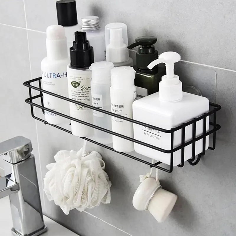 M2 ENTERPRISE Steel Self-Adhesive Multipurpose Bathroom Shelf for Wall with Hooks/Towel Holder/Rack/Bathroom Organiser Accessories-Wall Mount - Pack of 1 - Image 2