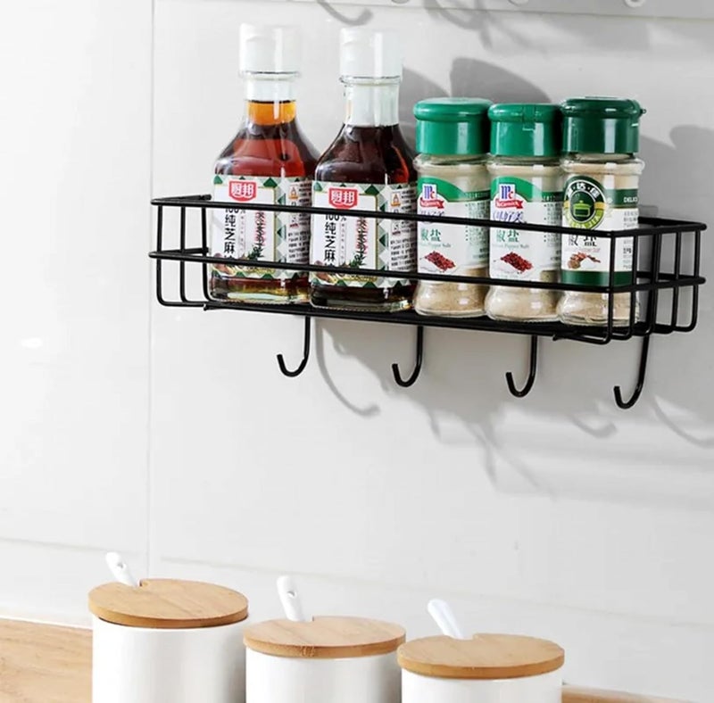 M2 ENTERPRISE Steel Self-Adhesive Multipurpose Bathroom Shelf for Wall with Hooks/Towel Holder/Rack/Bathroom Organiser Accessories-Wall Mount - Pack of 1 - Image 3