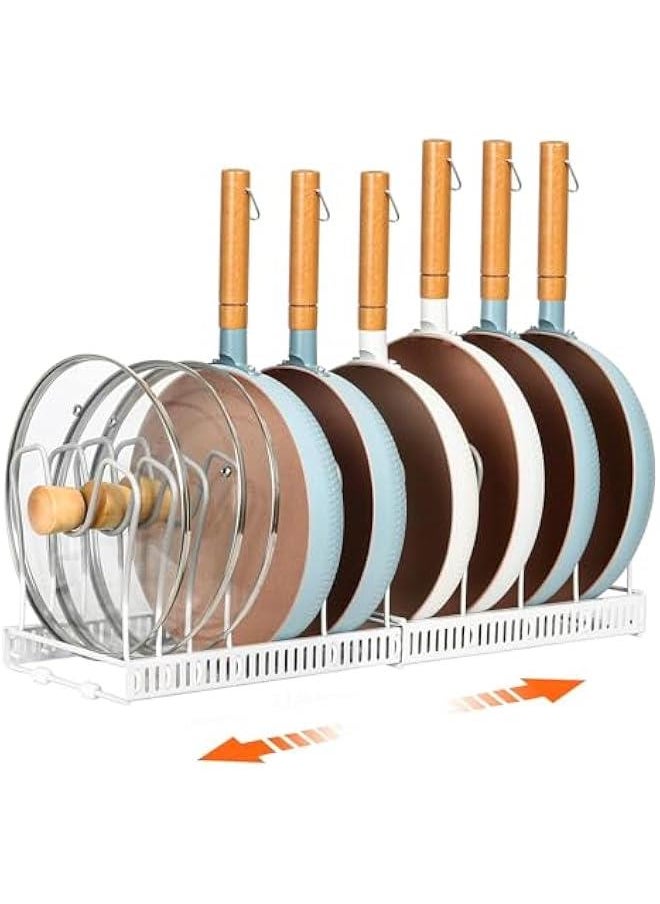 Beauenty Pan Pot Lid Rack Organizer, Expandable 10 Compartments Cookware Organizer, Pan Pot and Lid Rack Holder, Adjustable Pan Pot Storage Rack Organizer for Kitchen Cabinet Cupboard Pantry (White)  - Image 1