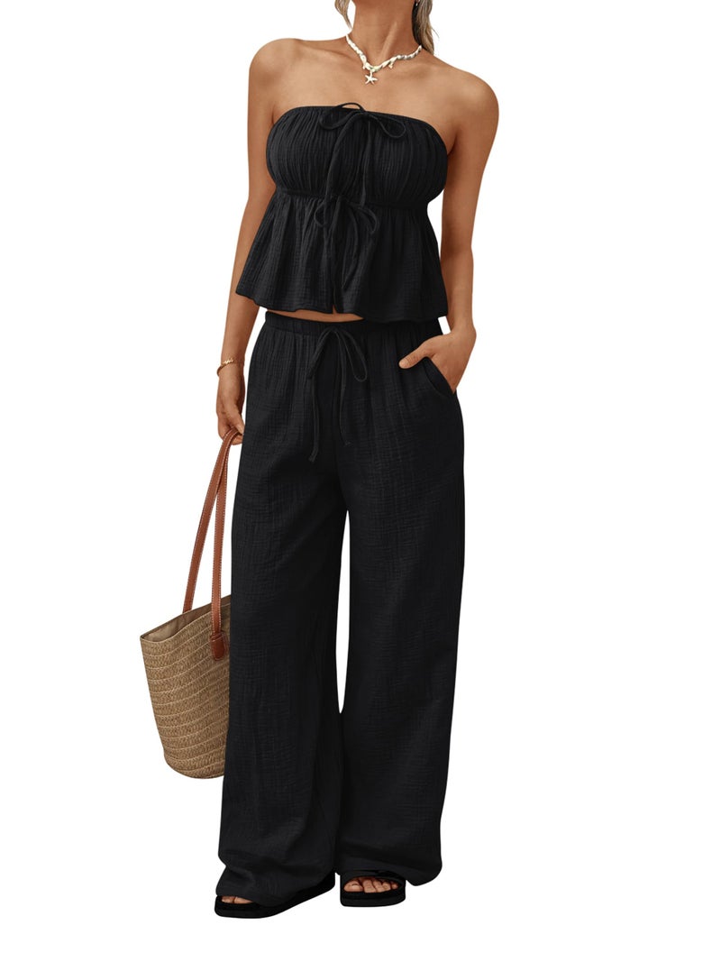 LILLUSORY 2 Piece Sets for Women Summer 2026 Vacation Travel Beach Outfits Lounge Matching Casual Airport Clothes Black M - Image 1