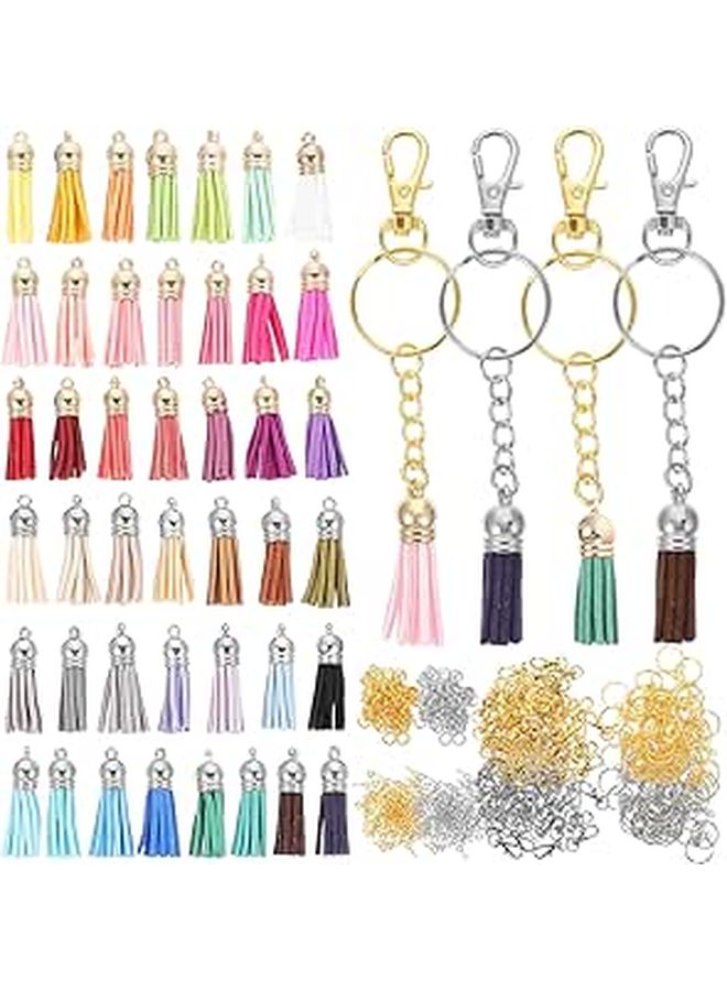 Gold And Silver Dog Claw Key Ring Findings Set With Colorful Leather Tassels DIY Keychain Craft Kit 350 Pieces - Image 1