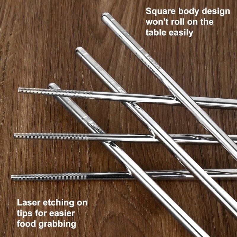 YTLX Premium Stainless Steel Metal Chopsticks, Reusable Silver Chopsticks Dishwasher Safe, Square Lightweight Non-Slip Chop Sticks Easy to Use for Home Kitchen Hotel Restaurant (Stainless steel, 8.7) - Image 4