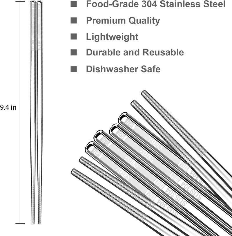 YTLX Premium Stainless Steel Metal Chopsticks, Reusable Silver Chopsticks Dishwasher Safe, Square Lightweight Non-Slip Chop Sticks Easy to Use for Home Kitchen Hotel Restaurant (Stainless steel, 8.7) - Image 2