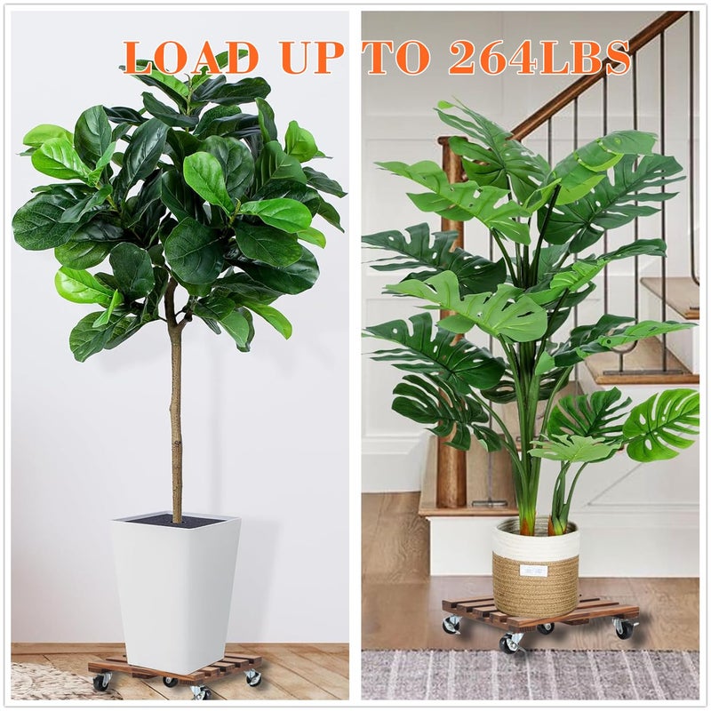 PRAQECZ 2 Pack Plant Stand with Wheels, 12" Rolling Plant Stand 264 LBS Heavy Duty Wooden Square Plant Caddy with Metal 360Â° Lockable Caster Wheels for Outdoor Indoor Large Plant Pots, Flower Pot, Patio - Image 2