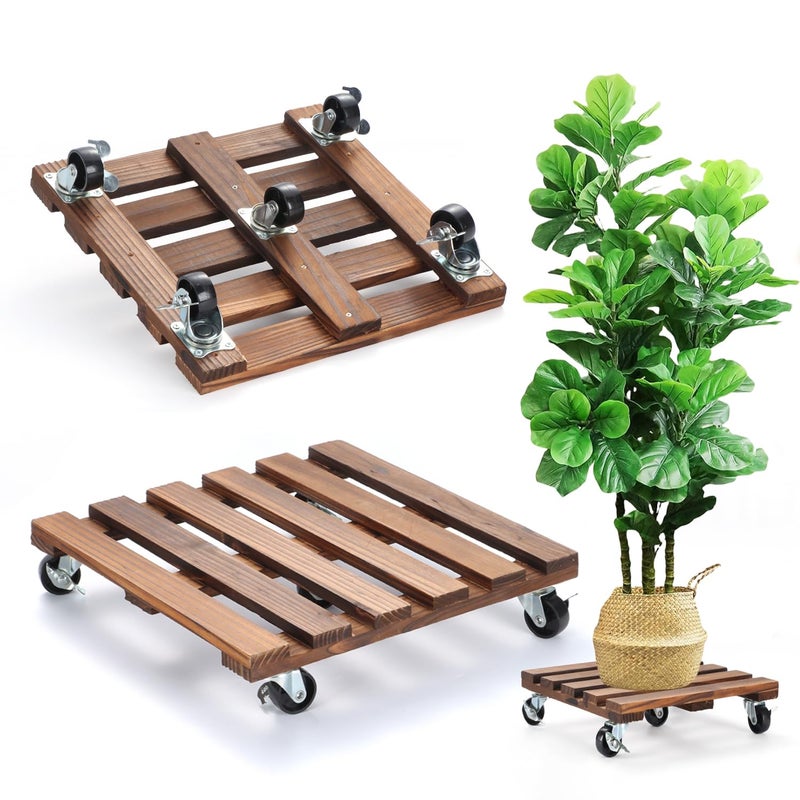 PRAQECZ 2 Pack Plant Stand with Wheels, 12" Rolling Plant Stand 264 LBS Heavy Duty Wooden Square Plant Caddy with Metal 360Â° Lockable Caster Wheels for Outdoor Indoor Large Plant Pots, Flower Pot, Patio - Image 1