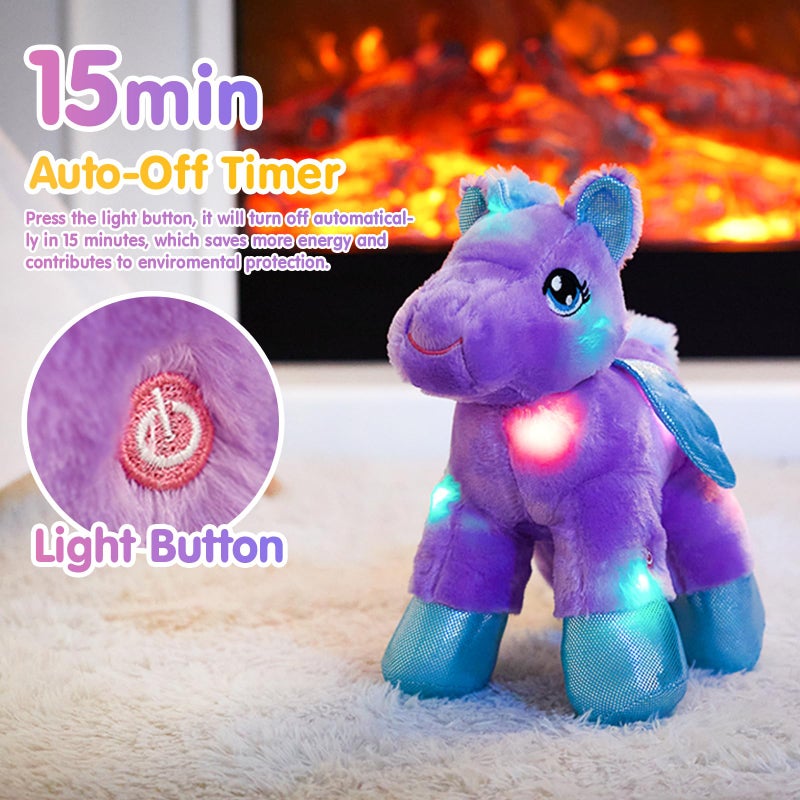 BSTAOFY Light up Pegasus Stuffed Animal Glow Unicorn LED Soft Plush Toys Bedtime Nightlight Companion Gift for Kids on Christmas Birthday Valentines Day Purple - Image 3