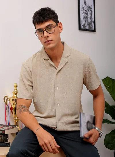 The Indian Garage Co Men Slim Fit Solid Half Sleeves Cuban Collar Resort Wear Shirt