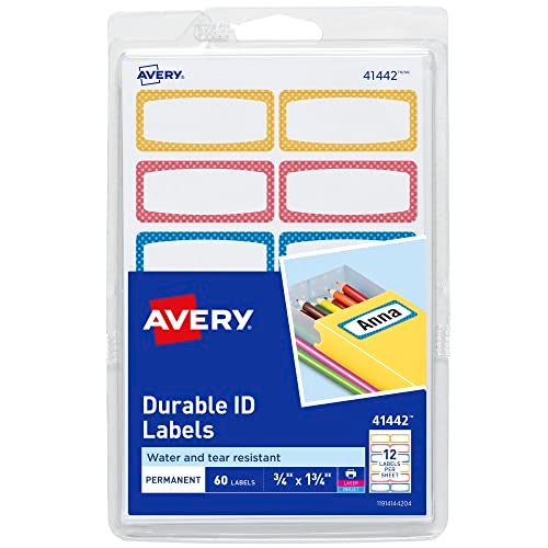 Avery Durable Labels for Kids' Gear, 3/4" x 1-3/4", Assorted Border Colors, Water-Resistant Labels, 60 Total (41442) - Image 1