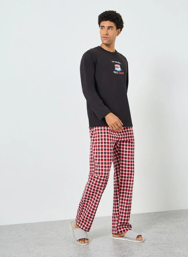 Styli Men Printed T-Shirt and Checked Pyjama Set