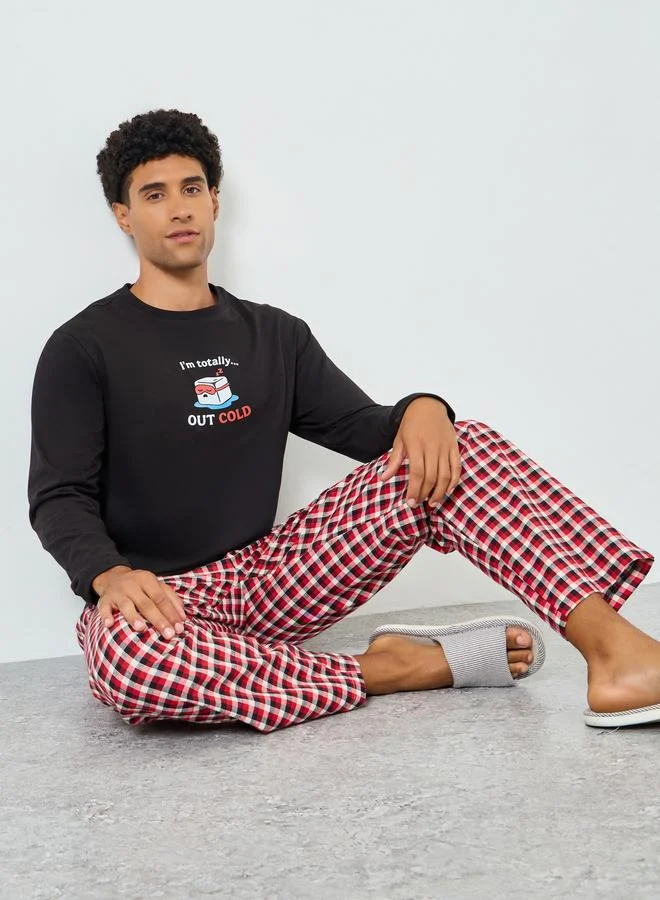 Styli Men Printed T-Shirt and Checked Pyjama Set