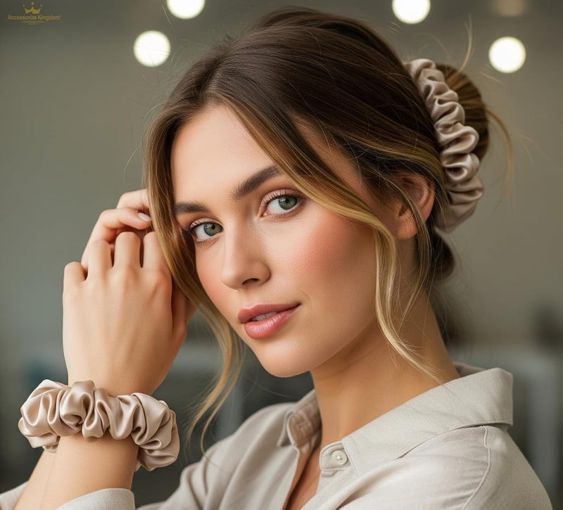 Accessorize Kingdom Premium Hair Scrunchie for Women| Scrunchies for Girls | Scrunchies for Thick, Curly, & Fine Hair | Soft & Smooth Hair Ties (beige pearl grey, Pack of 12) - Image 3