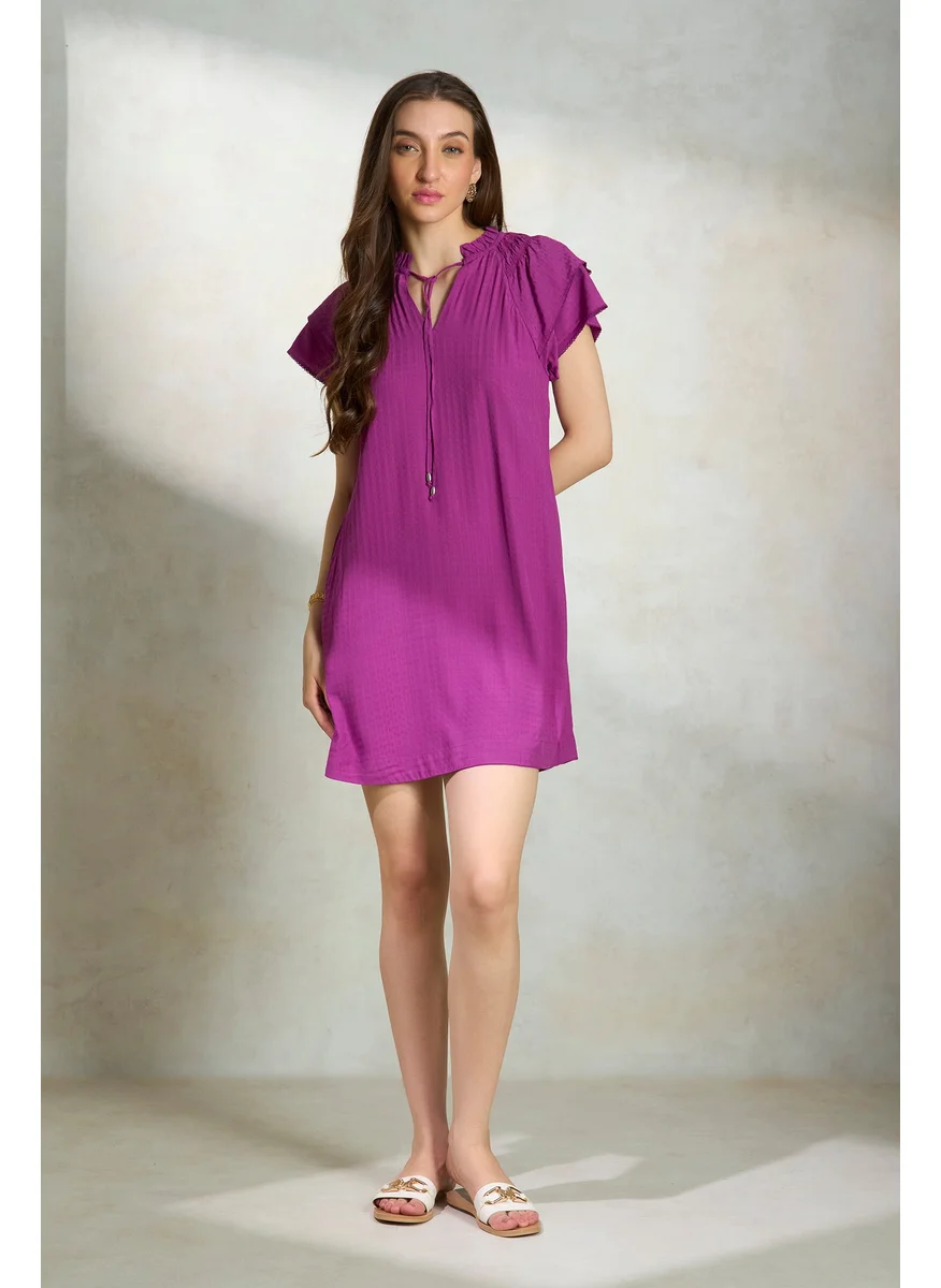 Virgio Virgio Self Design Tie Up Neck Batwing Sleeves A-Line Dress
