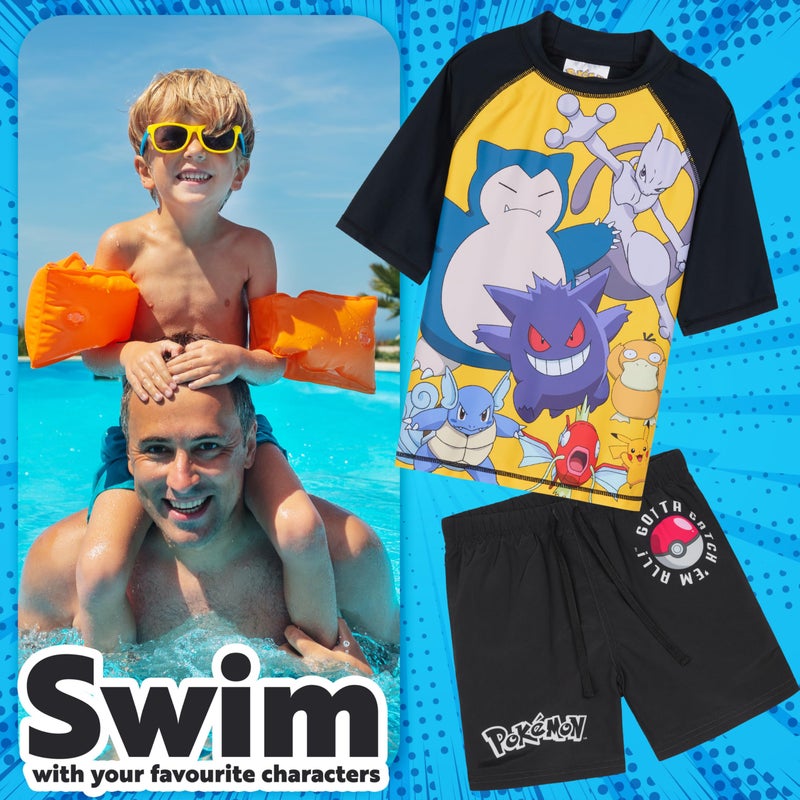 Get Trend Pokemon Bathing Suit Set for Boys Teens 2 Pcs Swim Trunks Rash Guard (11-12 Years, Black Pokemon) - Image 3