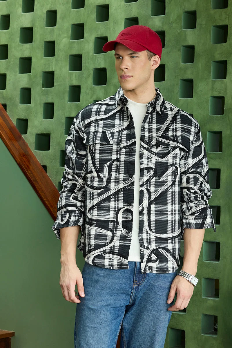 سنيتش Black Checkered Long Sleeve Relaxed Streetwear Overshirt