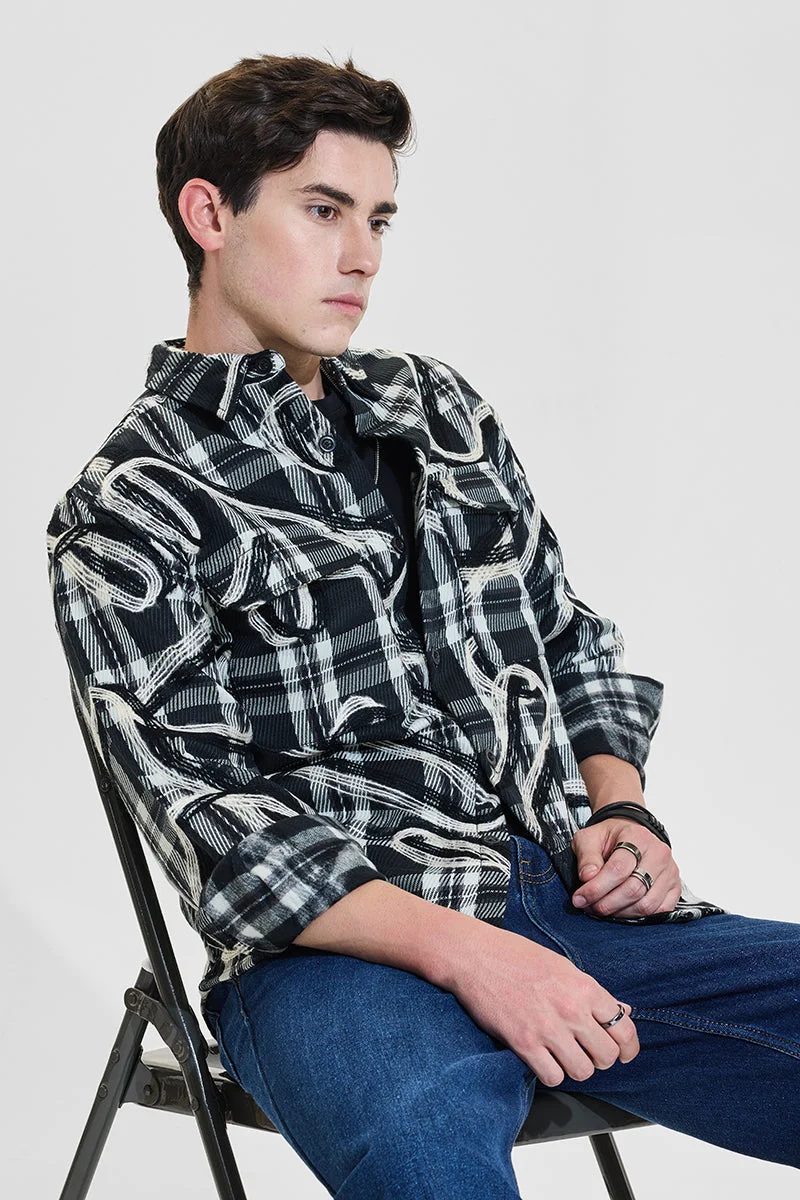 سنيتش Black Checkered Long Sleeve Relaxed Streetwear Overshirt