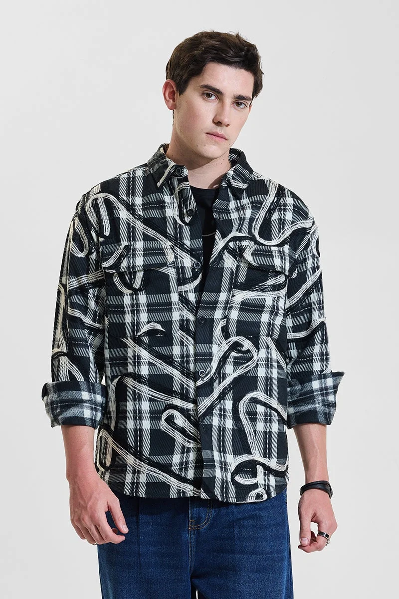 سنيتش Black Checkered Long Sleeve Relaxed Streetwear Overshirt