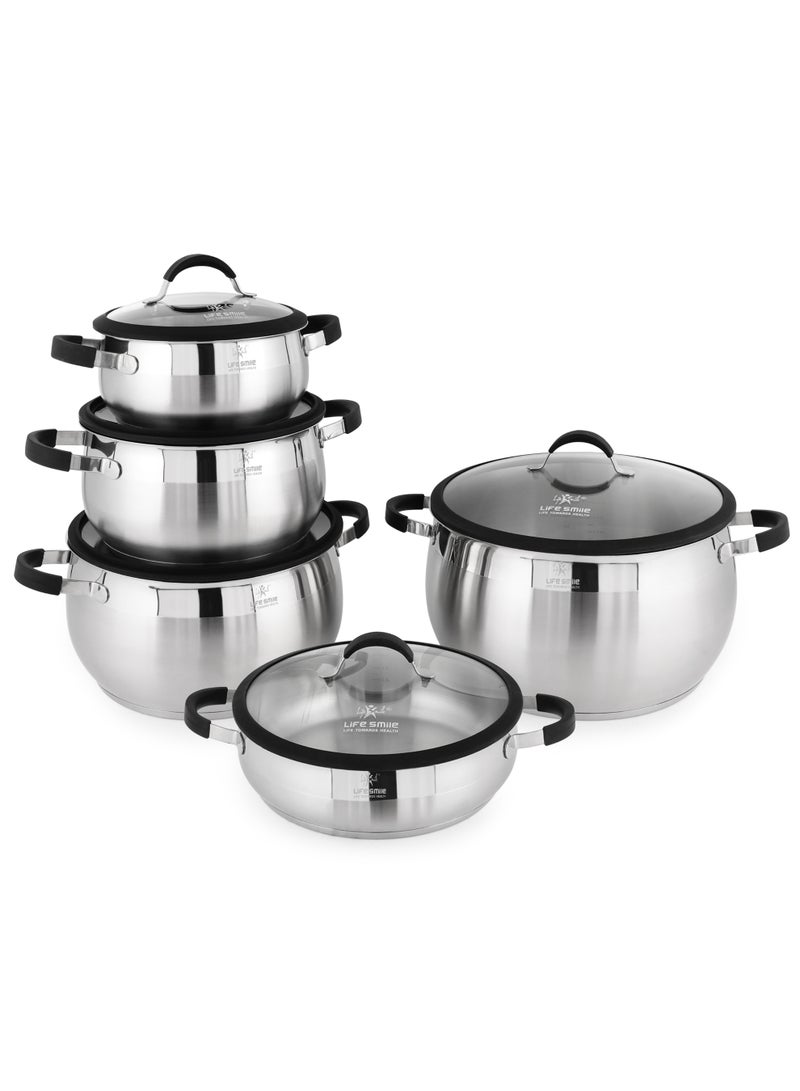 Life Smile 10-Piece 18/10 Stainless Steel Cookware Set – Premium Cookwares, Kitchen Cooking Pots & Non Stick Cookwares | Casseroles (20/24/28/32cm) with Lids + 28cm Shallow Pot | Silicone Handles | Safe & 100% PFOA-Free - Image 1