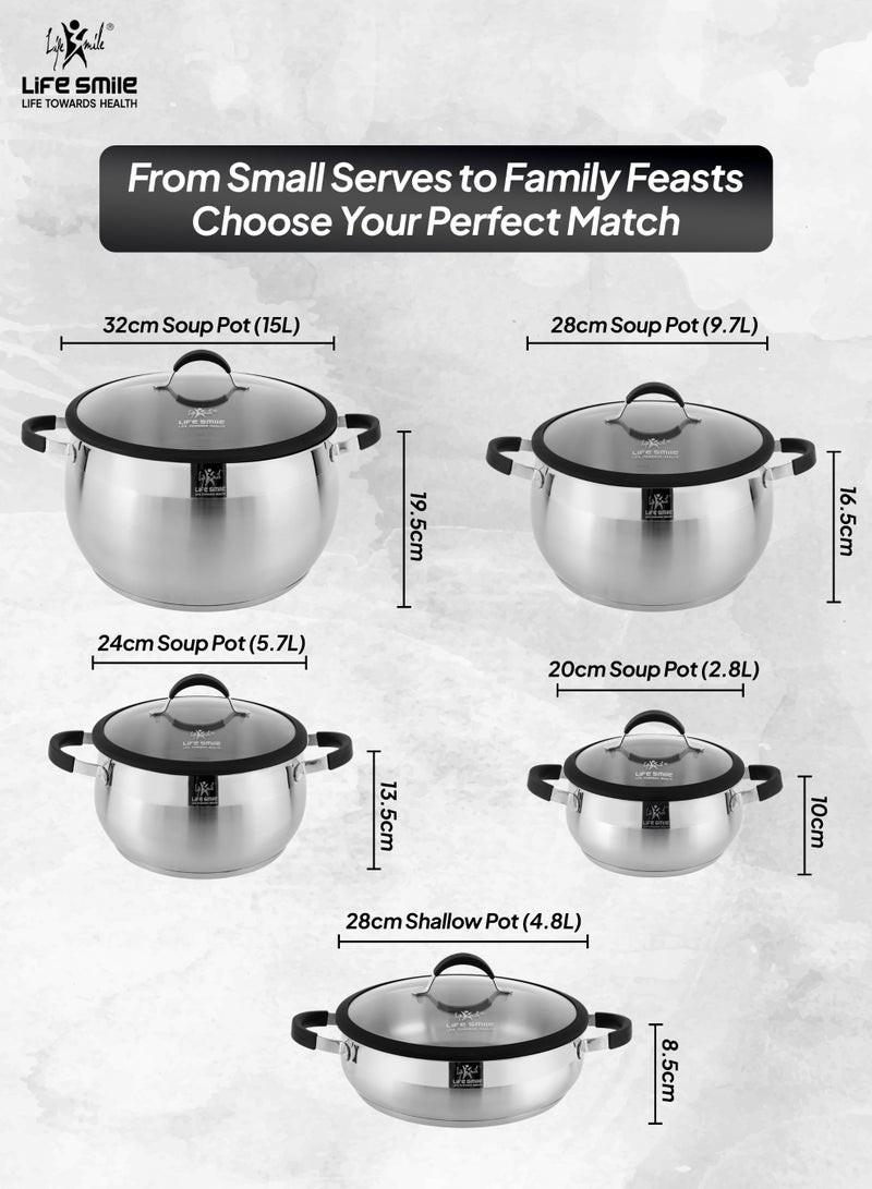Life Smile 10-Piece 18/10 Stainless Steel Cookware Set – Premium Cookwares, Kitchen Cooking Pots & Non Stick Cookwares | Casseroles (20/24/28/32cm) with Lids + 28cm Shallow Pot | Silicone Handles | Safe & 100% PFOA-Free - Image 3