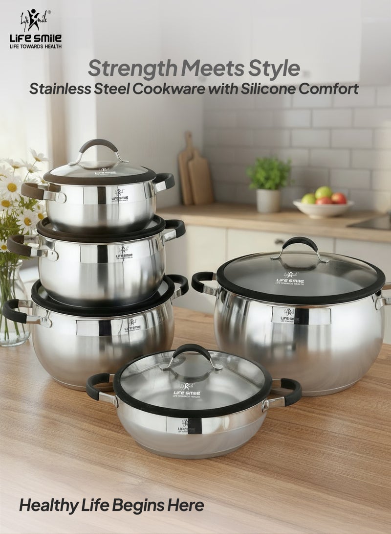 Life Smile 10-Piece 18/10 Stainless Steel Cookware Set – Premium Cookwares, Kitchen Cooking Pots & Non Stick Cookwares | Casseroles (20/24/28/32cm) with Lids + 28cm Shallow Pot | Silicone Handles | Safe & 100% PFOA-Free - Image 5