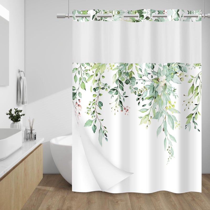 WITHLOC No Hook Shower Curtain with Snap in Liner - Eucalyptus Shower Curtain - Washable Waterproof Inner Liner, Plants Sage Green Leaves Modern Shower Curtains - Machine Washable, 71 x 74 - Image 1