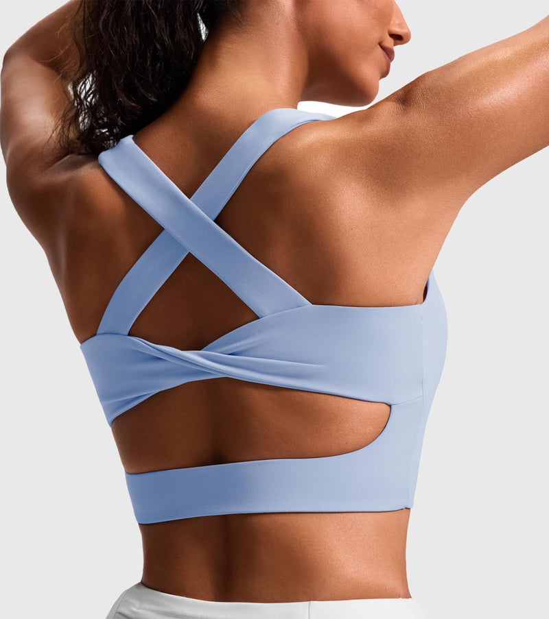 JOYSPELS Sports Bras for Women Extra Comfort Criss-Cross Back Padded Workout Tops for Women Medium Support Light Blue - Image 4