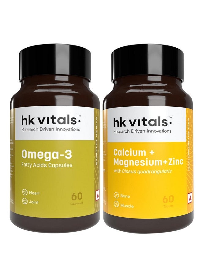 HealthKart hk vitals مكمل زيت السمك أوميغا 3 والكالسيوم والمغنيسيوم والزنك مع فيتامين D3 (60 قرص لكل منهما) حزمة كومبو | 1000 ملغ أوميغا 3 مع 180 ملغ EPA و 120 ملغ DHA - Image 1
