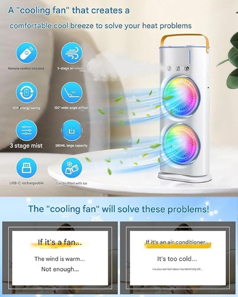Dvijisha Double End Mini Air Cooler Fan Air Mist Spray Cooler Fan Portable Air Conditioner Fan Mini Evaporate Air Cooler with 7 Colors LED Light 3 Wind Speeds and 3 Spray Modes Cooler Fan - Image 4
