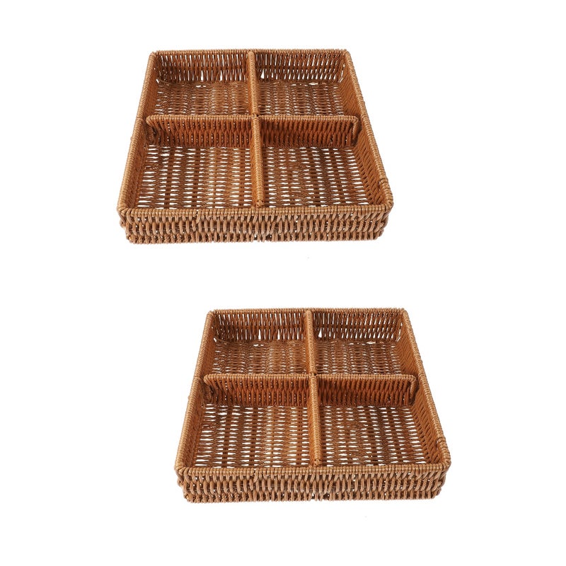 2pcs Divided Woven Storage Basket Imitation Rattan Fruit Basket Rectangle Serving Basket - Image 1