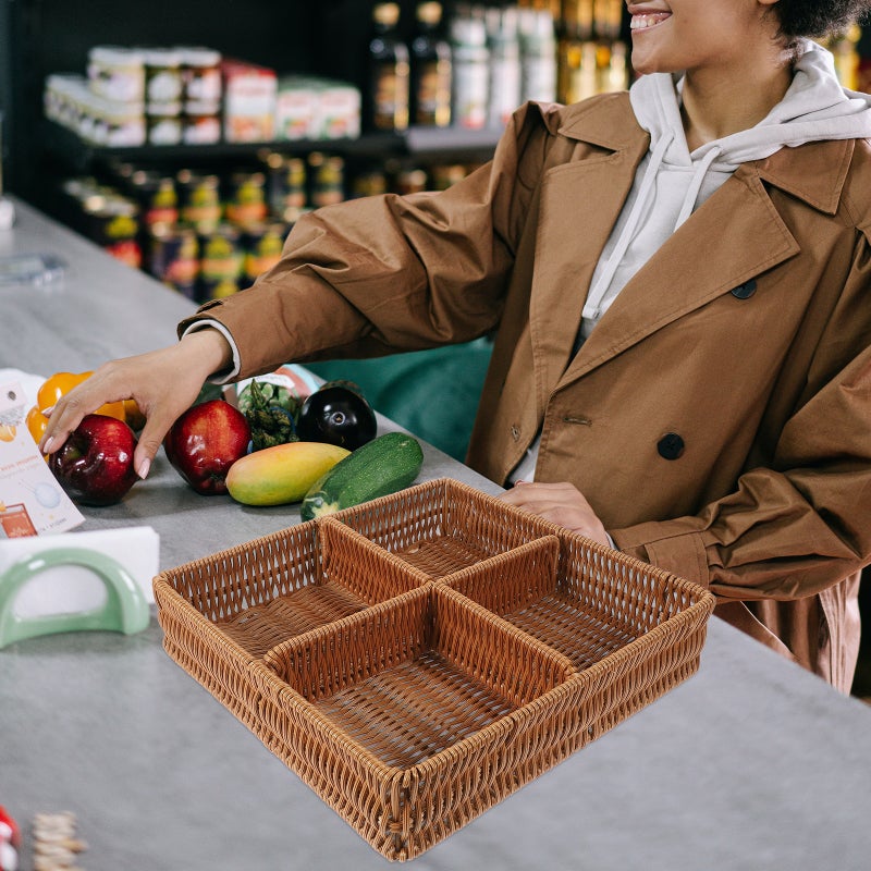2pcs Divided Woven Storage Basket Imitation Rattan Fruit Basket Rectangle Serving Basket - Image 2