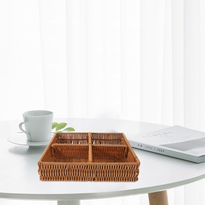 2pcs Divided Woven Storage Basket Imitation Rattan Fruit Basket Rectangle Serving Basket - Image 4