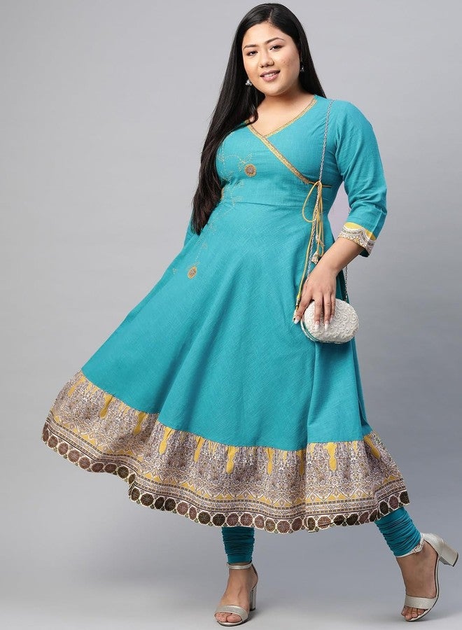 معرض ياش قميص أنغراخا مطبوع بنمط كلامكاري من ياش غاليري للنساء بمقاسات كبيرة (325YK399TEAL_Teal Blue_XXXX-Large)، بقصة عادية - Image 2