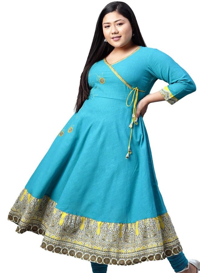 معرض ياش قميص أنغراخا مطبوع بنمط كلامكاري من ياش غاليري للنساء بمقاسات كبيرة (325YK399TEAL_Teal Blue_XXXX-Large)، بقصة عادية - Image 1
