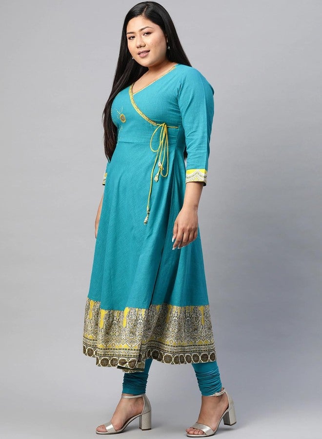 معرض ياش قميص أنغراخا مطبوع بنمط كلامكاري من ياش غاليري للنساء بمقاسات كبيرة (325YK399TEAL_Teal Blue_XXXX-Large)، بقصة عادية - Image 3