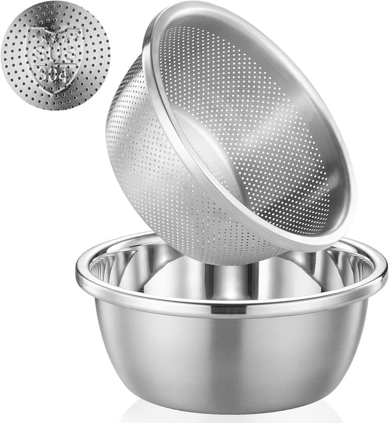 POPGRADE 304 Stainless Steel Colander 2QT Microporous Colander & Mixing Bowl for Kitchen Cooking,Rice Strainer with Washing Bowl for Pasta Straining,Fruit Washing,Vegetable Draining(2PCs) - Image 1