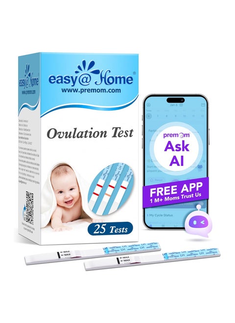 شرائط اختبار الإباضة Easy@Home، عبوة من 25 اختبار خصوبة، مجموعة توقع الإباضة، مدعومة بتطبيق Premom Ovulation Predictor لأجهزة iOS وAndroid، 25 شريط LH