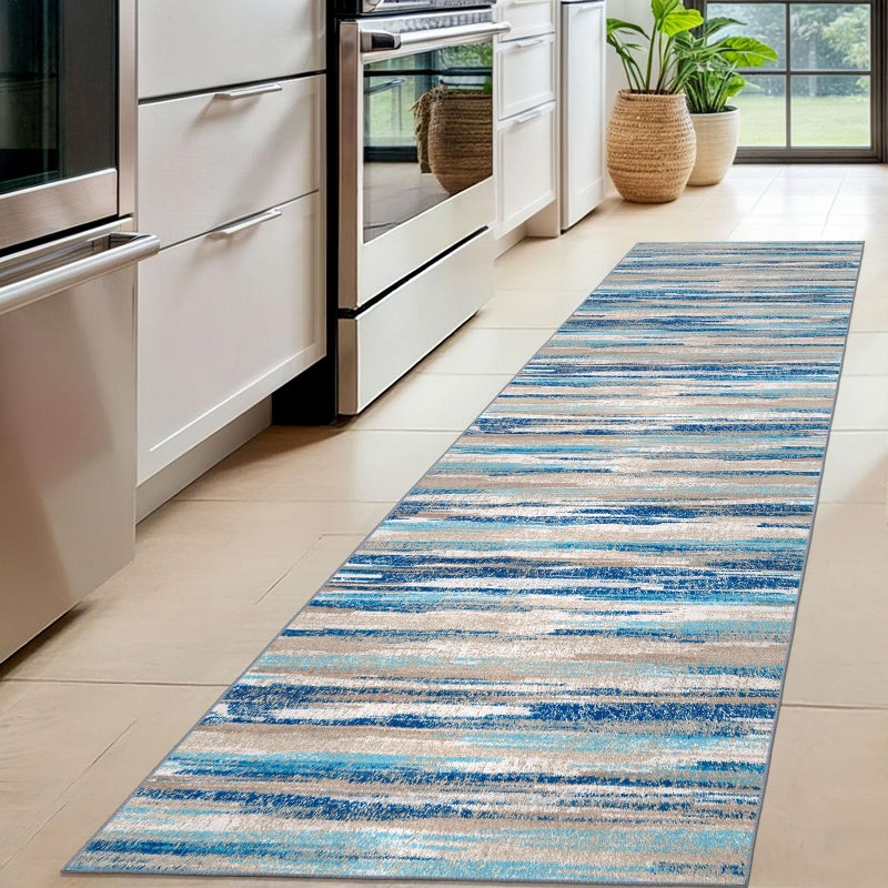 Lansny Modern Abstract Hallway Runner Rug, Blue Washable Kitchen Runner Non-Slip Soft 2x8 Runner Rug Thin Print Faux Wool Carpet for Entryway Bedroom Laundry Room Indoor - Image 2