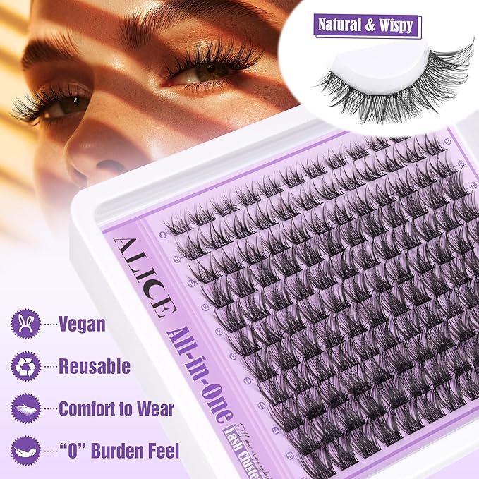 ALICE Natural Cluster Lashes Kit Wispy Eyelashes Individual Kit Cluster Eyelash Extension Kit C Curl 916mm Lash Extension Kit with Lash Glue Bond and Seal Lash Remover and Tweezers - Image 2