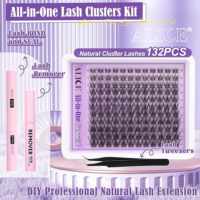 ALICE Natural Cluster Lashes Kit Wispy Eyelashes Individual Kit Cluster Eyelash Extension Kit C Curl 916mm Lash Extension Kit with Lash Glue Bond and Seal Lash Remover and Tweezers - Image 3