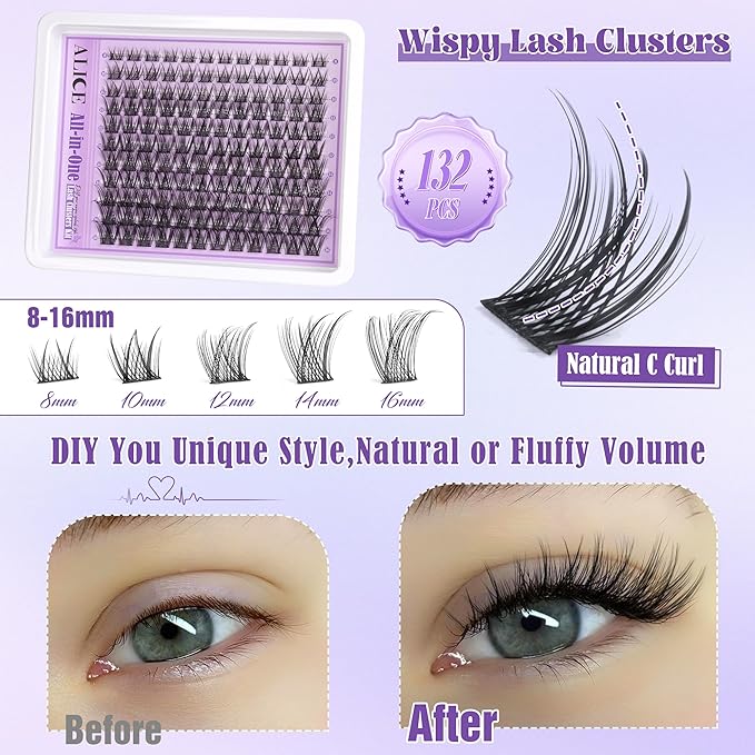 ALICE Natural Cluster Lashes Kit Wispy Eyelashes Individual Kit Cluster Eyelash Extension Kit C Curl 916mm Lash Extension Kit with Lash Glue Bond and Seal Lash Remover and Tweezers - Image 5