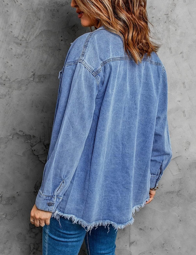 Vetinee Women's Concert Outfits for Women Oversized Boyfriend Wave Blue Front Button Up Frayed Raw Hem Long Sleeve Pockets Denim Jean Jacket Shacket X-Large Size 16 Size 18 - Image 3
