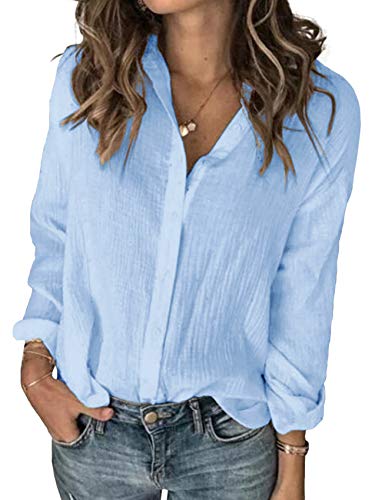 Karlywindow Womens Long Sleeve Button Down Cotton Linen Shirt Blouse Loose Fit Casual V-Neck Tops Light Blue - Image 5