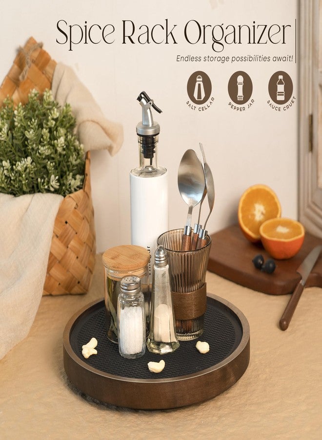 EOSAHR Non-Skid Wooden Lazy Susan for Table Top - Farmhouse 10.5" Bathroom Tray, Spice Rack and Vanity Tray - Stylish Bathroom Counter Organizer with Rubber Mat (Brown) - Image 3